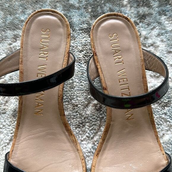 Stuart Weitzman Aleena Wedge Slide Sandal. Square toes. Black patent straps. 6 - Picture 7 of 7
